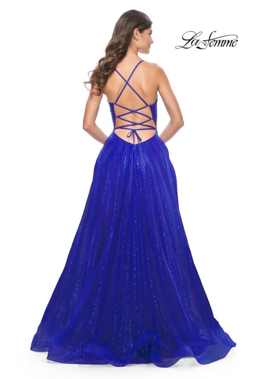 La Femme 31986 Sweetheart Corset High Slit Glitter Dress