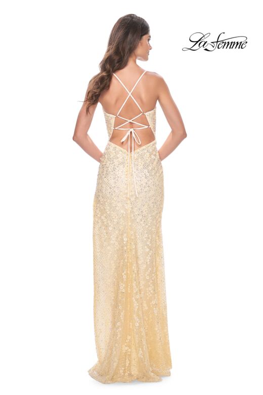 La Femme 31993 Cutaway Slit Lace-Up Back Embellished Dress