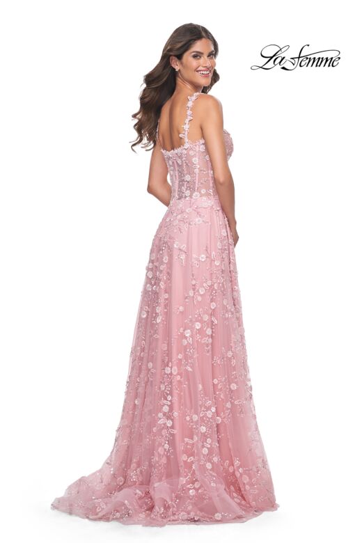 La Femme 31996 Illusion Corset High Slit Floral Dress