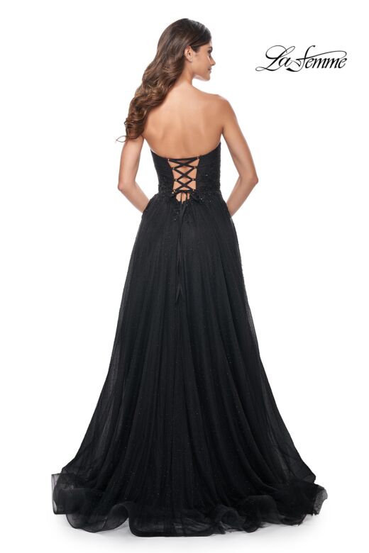 La Femme 32005 Floral Waist Ruched Corset Strapless Dress