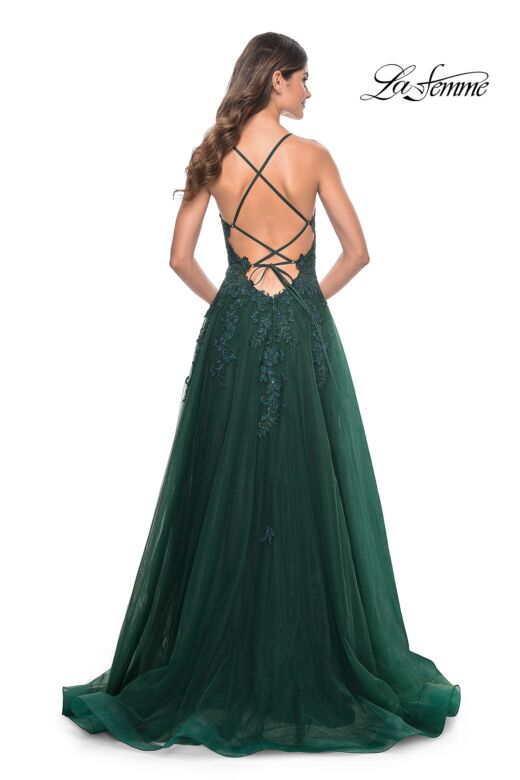 La Femme 32022 Plunging Neckline High Slit Lace-Up Dress