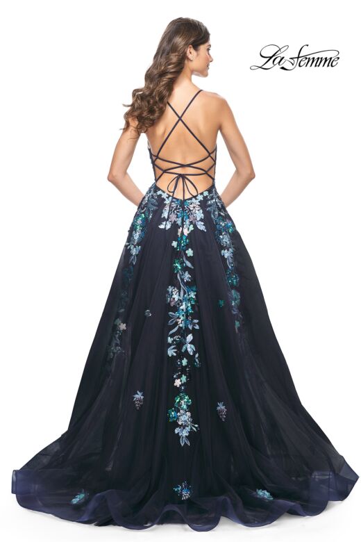 La Femme 32023 High Slit Lace-Up Back Embroidered Dress