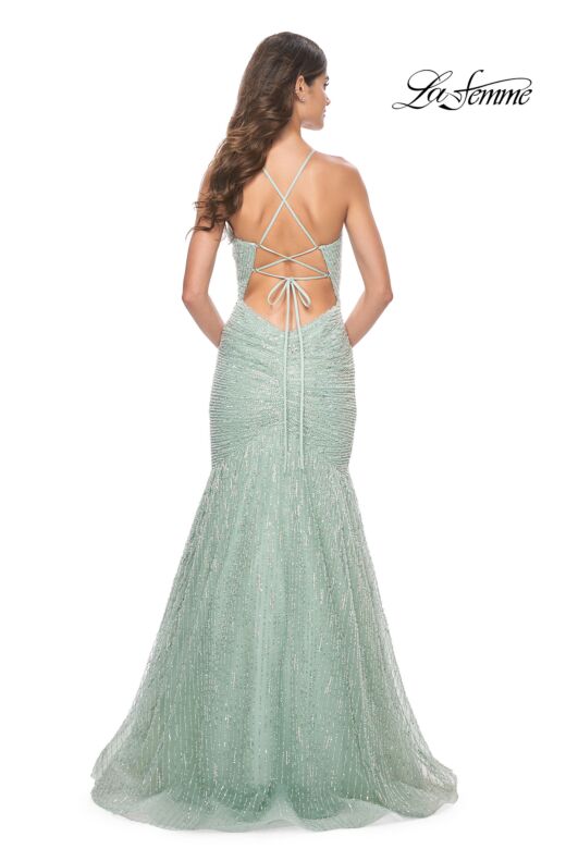 La Femme 32026 Lace-Up Back Basket Weave Trumpet Dress