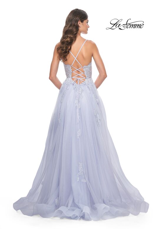 La Femme 32028 Illusion Corset High Slit Lace-Up Dress