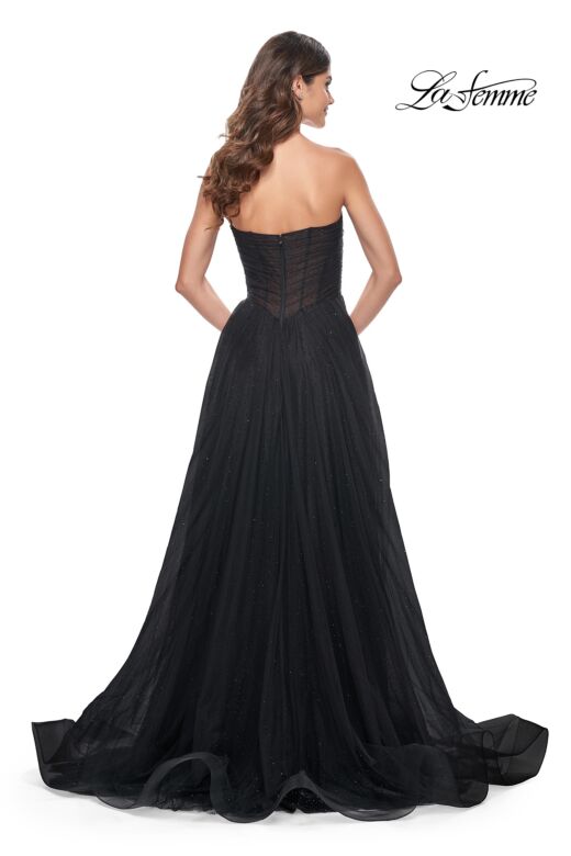 La Femme 32029 Ruched Corset High Slit Hot Fix Dress