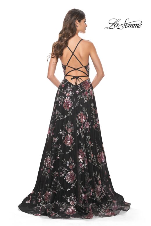 La Femme 32031 Floral Sequin High Slit Lace-Up Dress