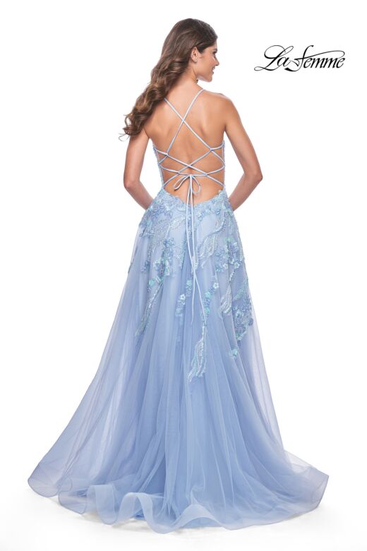 La Femme 32032 Lace-Up Back High Slit Embellished Dress