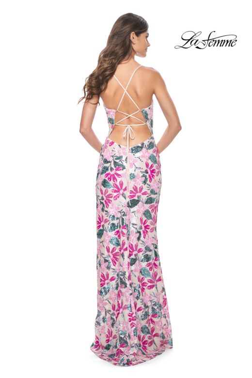 La Femme 32050 Cutaway Slit Floral Sequin Lace-Up Dress