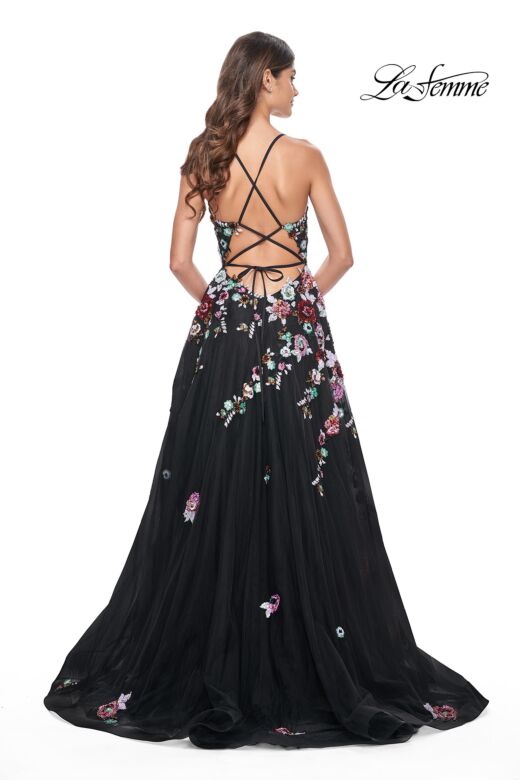La Femme 32051 Floral Appliques High Slit Lace-Up Dress
