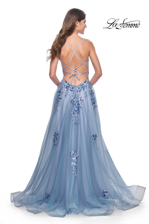 La Femme 32057 Floral Appliques Sheer Corset Lace-Up Dress