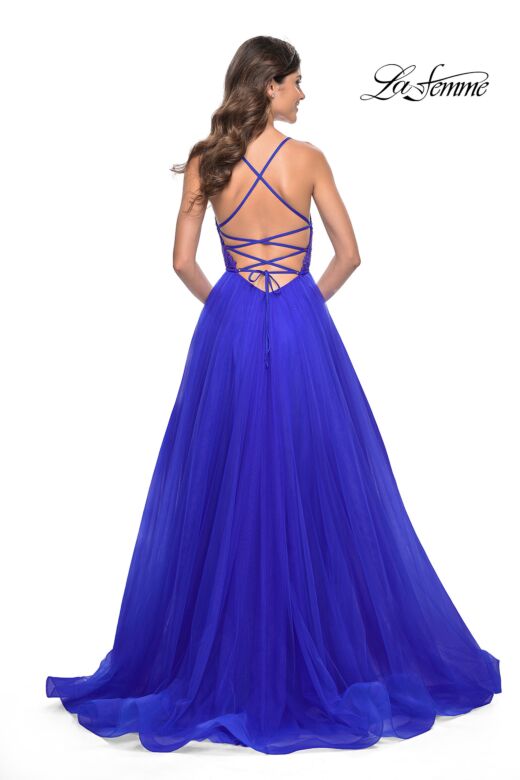 La Femme 32059 Lace Top Plunging Neck High Slit Dress