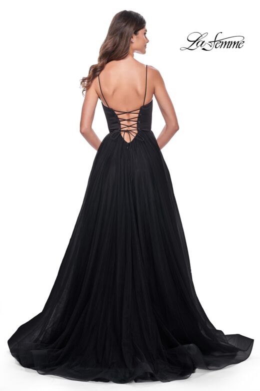 La Femme 32065 Lace-Up Corset High Slit Dress