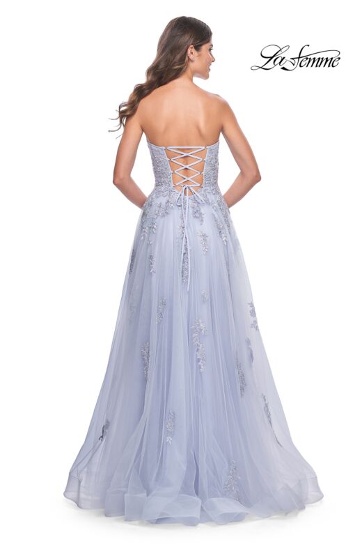 La Femme 32084 Lace Appliques Ruched Corset Dress
