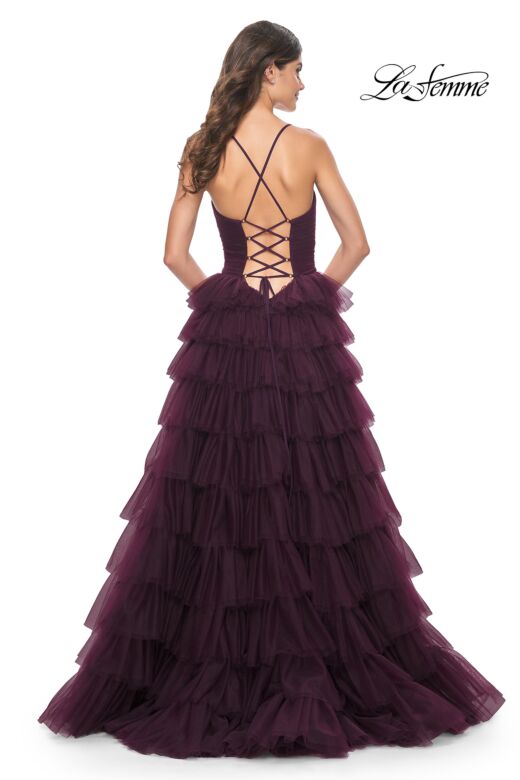 La Femme 32086 Ruffle Skirt Ruched Top Lace-Up Dress