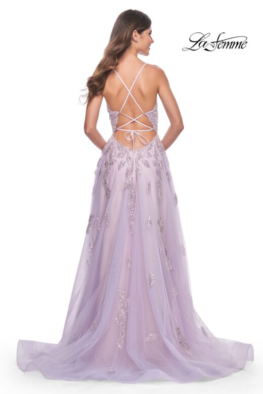 La Femme 32090 Leaf Appliques High Slit Lace-Up Dress