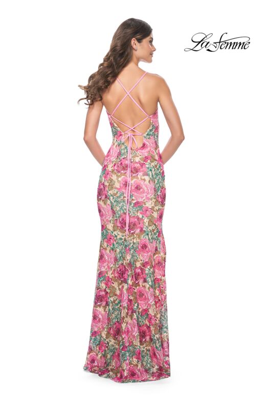 La Femme 32095 Floral Print Lace-Up Back Multicolor Dress
