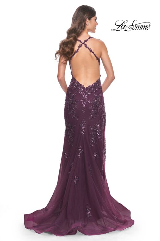 La Femme 32107 Criss Cross Back High Slit Floral Dress