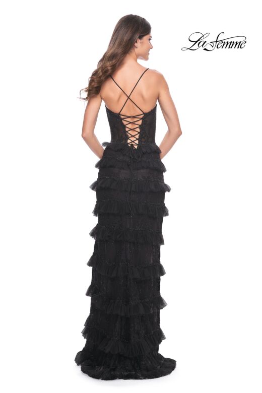 La Femme 32113 High Slit Ruffle Skirt Lace-Up Dress