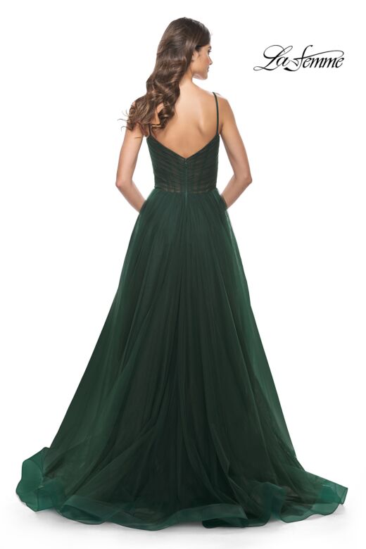 La Femme 32130 Pleated Top Slit Skirt Low Back Dress