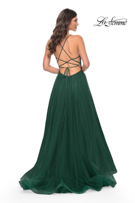 La Femme 32135 Sparkly Corset High Slit Lace-Up Dress