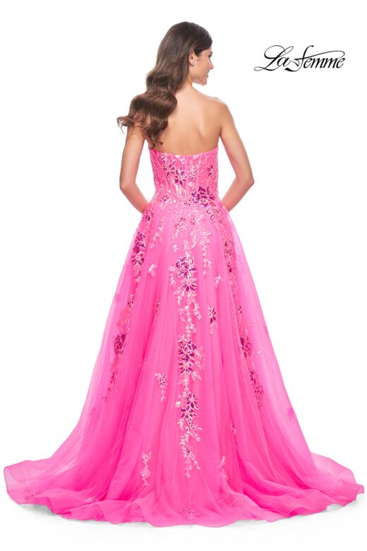 La Femme 32137 High Slit Strapless Corset Floral Dress