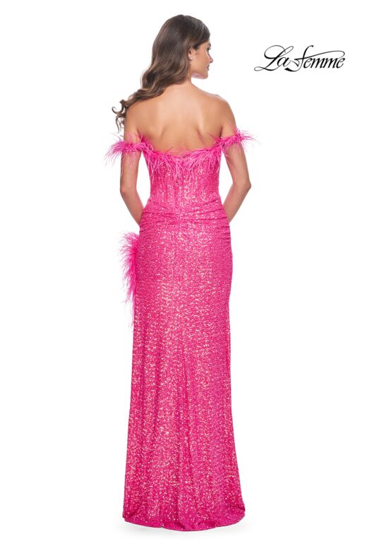 La Femme 32150 Off The Shoulder Feather Sequin Dress