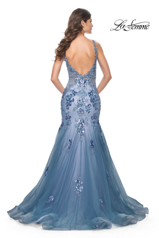 La Femme 32192 Floral Appliques Bare Back Trumpet Dress
