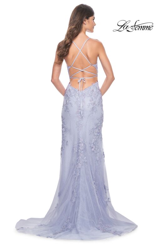 La Femme 32205 Plunging Neckline High Slit Lace Dress