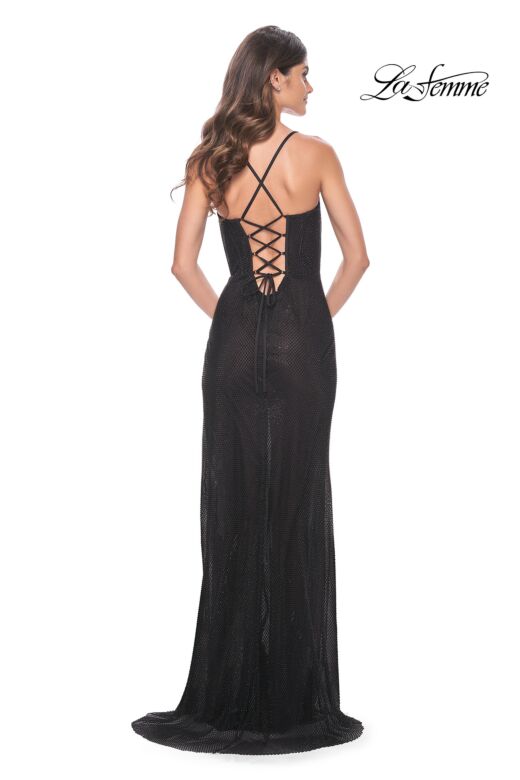La Femme 32210 High Slit Lace-Up Back Glitter Dress