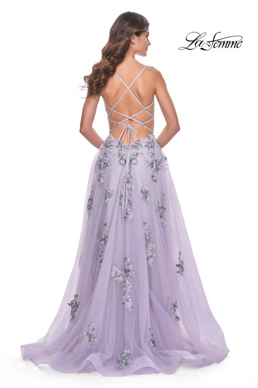 La Femme 32221 Floral Embroidery High Slit Corset Dress