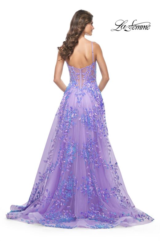 La Femme 32223 Leaf Appliques High Slit Corset Dress