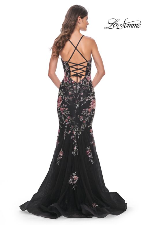 La Femme 32246 Floral Appliques Lace-Up Back Mermaid Dress