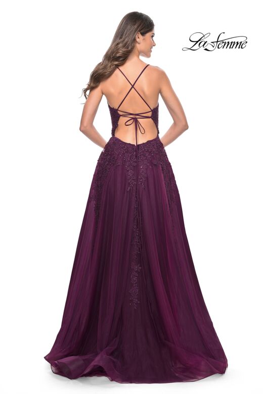 La Femme 32303 High Slit Lace-Up Back V-Neck Dress