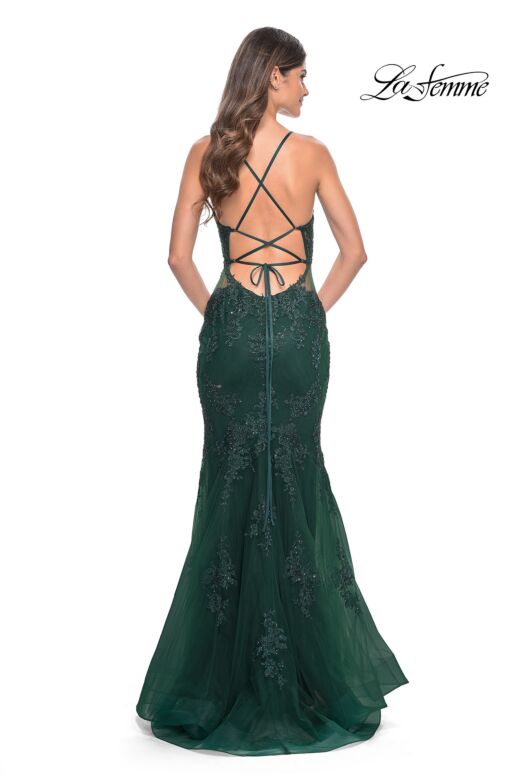 La Femme 32305 Floral Appliques Plunging Neck Lace-Up Dress