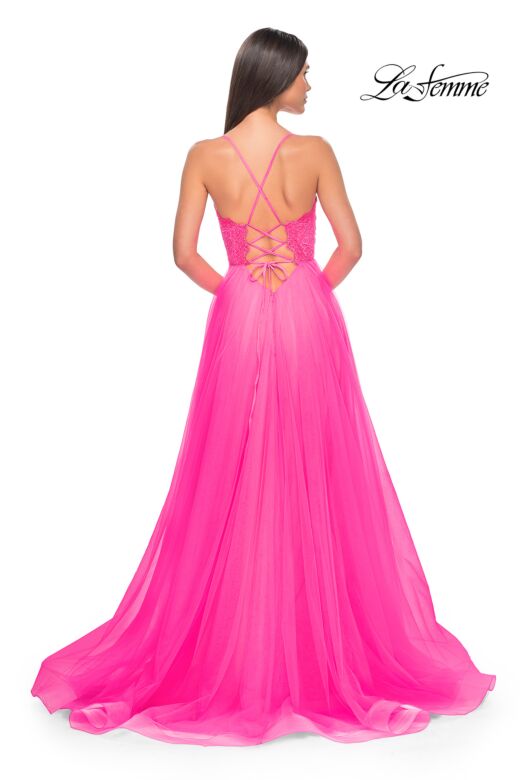 La Femme 32306 Illusion Corset High Slit Lace-Up Dress