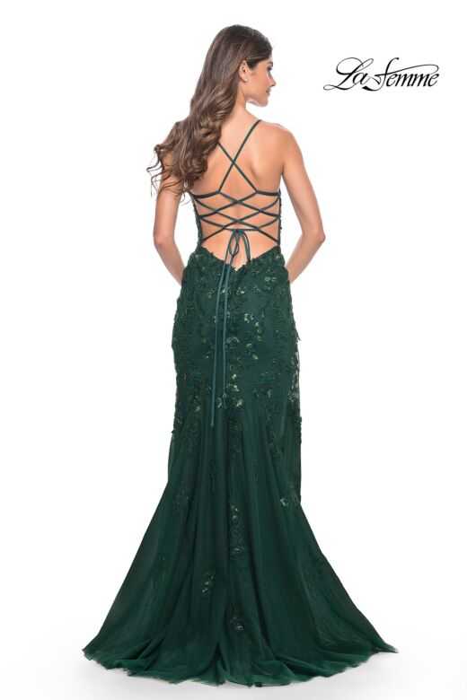 La Femme 32307 Cutaway Slit Embroidered Lace-Up Dress