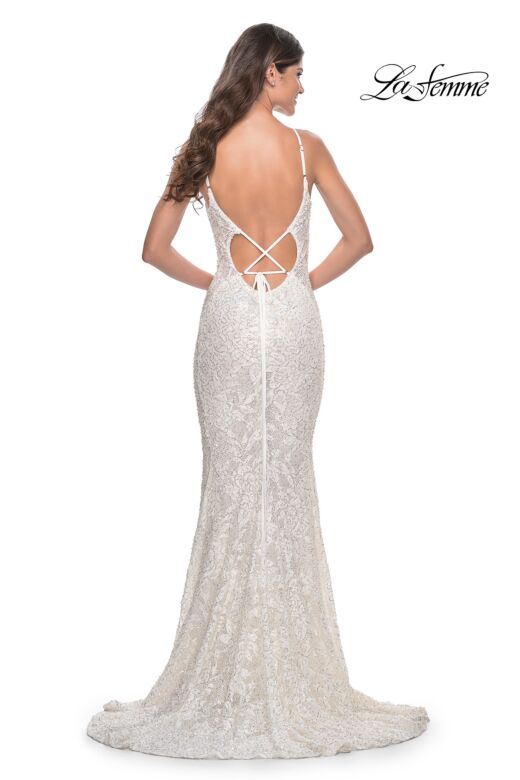 La Femme 32309 Illusion Sides Lace-Up Back V-Neck Dress