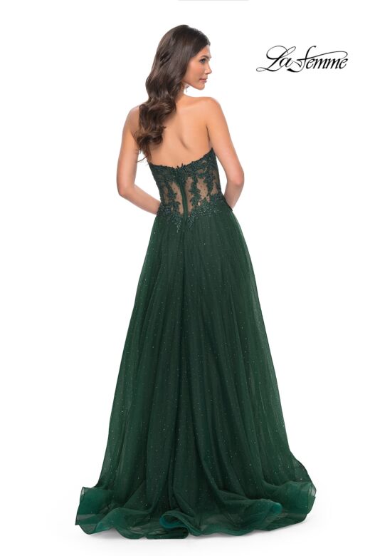 La Femme 32313 High Slit Lace Corset Strapless Dress
