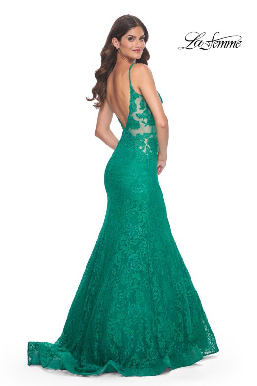 La Femme 32315 Illusion Sides Plunging Neck Lace Dress