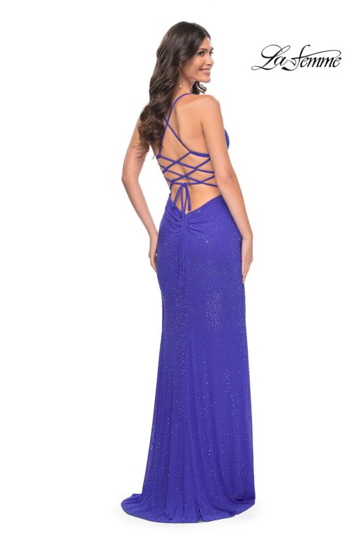 La Femme 32318 Lace-Up Back Ruched Hot Fix Dress