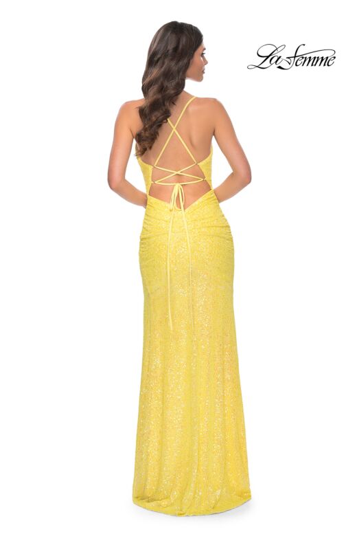 La Femme 32330 High Slit Lace-Up Sequin Dress