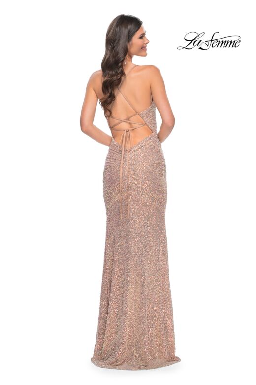 La Femme 32331 High Slit Lace-Up Back Sequin Dress