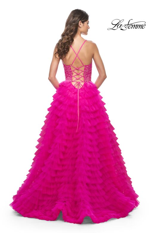 La Femme 32334 Ruffle Skirt Floral Corset Lace-Up Dress
