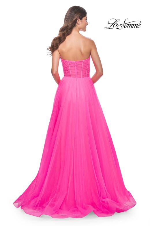 La Femme 32341 High Slit Ruched Corset Strapless Dress