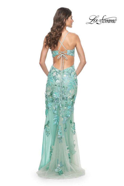 La Femme 32344 Floral Embroidery High Slit Lace-Up Dress