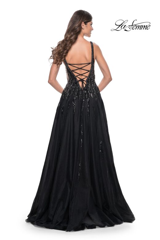 La Femme 32345 Sheer Sides High Slit Plunging Neck Dress