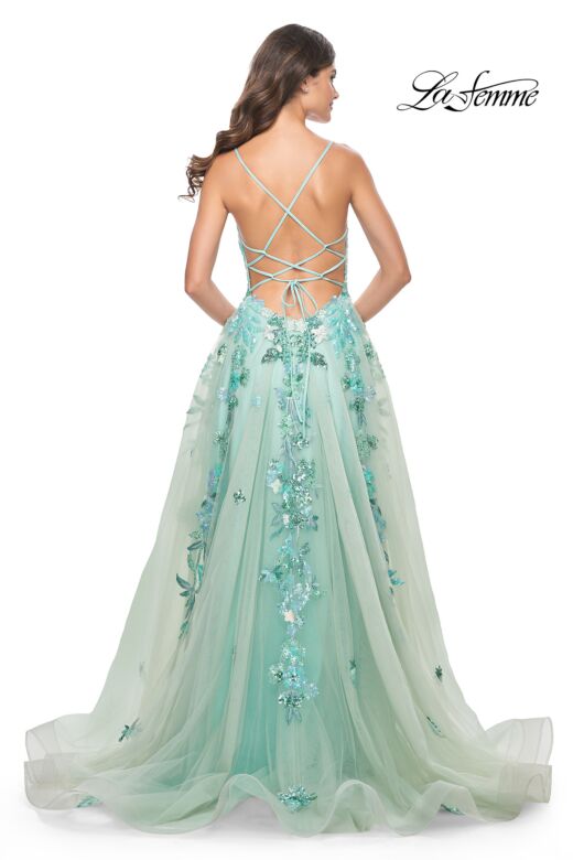La Femme 32347 Floral Embroidery High Slit Lace-Up Dress