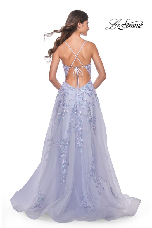 La Femme 32349 Lace Appliques High Slit Tie Back Dress