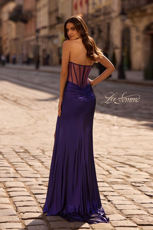 La Femme 32375 Sheer Back Ruched Top Metallic Dress