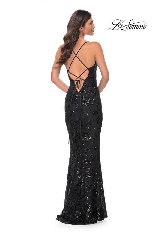 La Femme 32415 Lace-Up Back Floral Sequin Dress